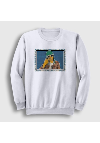 Presmono Unisex Nirvana Kurt Cobain Sweatshirt Beyaz