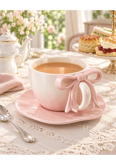 Valkyrie Ribbon Serisi 2 Parça 380 Ml Pembe Fiyonklu Tabaklı Çay Kahve Kupa Fincan Seti