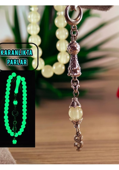 Kedi Gözü Tesbih Gece Karanlıkta Parlayan Model Kişiye Özel Harfli Hediyelik Tesbih Küre Kesim Fosforlu Tesbih Gümüş - Yeşil