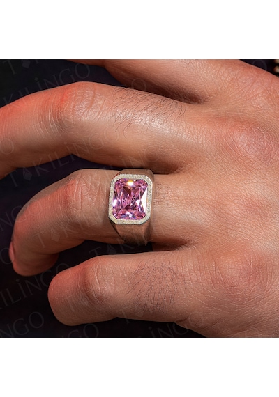925 Ayar Gümüş Pembe Zirkon Taşlı Sade Erkek Yüzük Gümüş