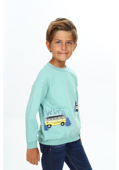 Toontoy Kids Toontoy Erkek Çocuk Relax Fit Bisiklet Yaka Hafif Düşük Omuz Baskılı Sweatshirt - 2 İplik Yeşil