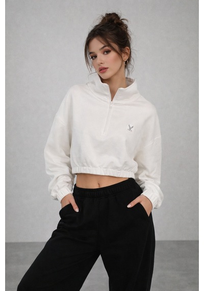 Kadın Ekru Crop Sweatshirt Scuba Kumaşı Beyaz