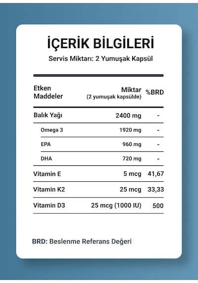 Omega 3 + D3k2, Balık Yağı, Epa, Dha, Vitamin D3, Vitamin K2 Mk7 , Vitamin E, 60 Yumuşak Kapsül