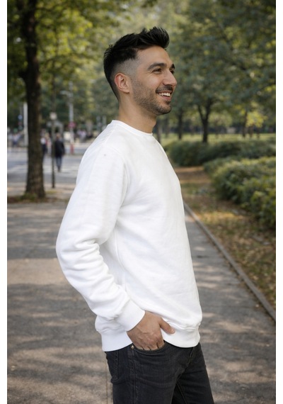 Luxıc Core Erkek Beyaz Basic Sweatshirt Geniş Kalıp Bisiklet Yaka, Rahat Kesim, Günlük Ve Sokak Stili