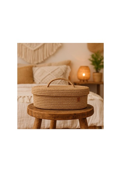 Hasır Jüt Sepet Oval Kapaklı Organizer Düzenleyici 30x20x10 Cm Bambu Bambu