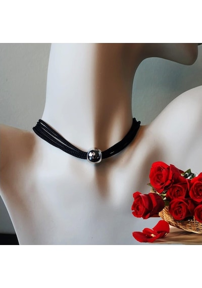 Siyah Makrome İp & Metal Boncuk Kadın Choker Kolye Yeşil