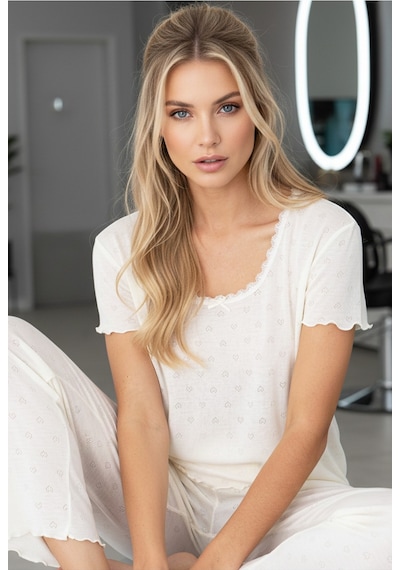 Siyah İnci Pointel Ajurlu/delikli Örme Pijama Takım7893 Ekru