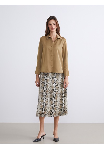 Lcwaıkıkı Classic Haki Oversize Saten Kadın Gömlek