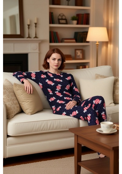 Ersefa Kiz Cocuk Seker Desenli %100 Pamuklu Pijama Takımı Fonksiyonel Da lacivert