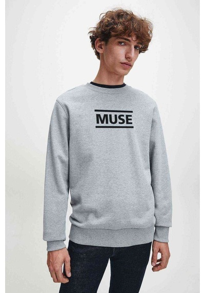 Muse Logo Baskılı Gri Melanj Erkek Örme Sweatshirt