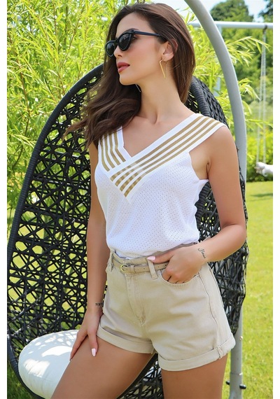 Aqe Fashion Kolsuz Ön Arka V Yaka Sim Detaylı Beyaz-altın BEYAZ