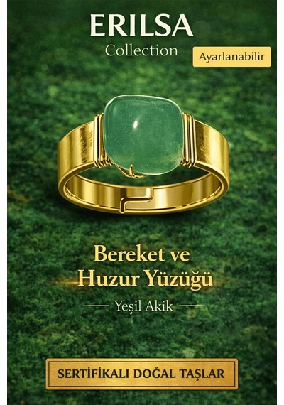 Sertifikalı Bereket Ve Huzur Yüzüğü Yeşil Akik Doğal Taş Yüzük Ay Çok Renkli
