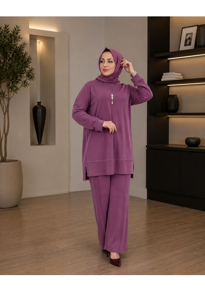 Pike Kumaş Tesettür Pantolonlu Takım Büyük Beden Rahat Kalıp Uzun Tunik İkili Takım 42-54 Beden Mürdüm Pike Kumaş Tesettür Pantolonlu Takım Büyük Beden Rahat Kalıp Uzun Tunik İkili Takım 42-54 Beden Mürdüm