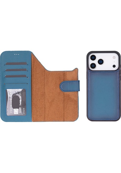 Bloomcase Magic Wallet Midnight Blue Apple Uyumlu iPhone 17 Pro 6.3" Hakiki Deri Çıkarılabilir Cüzdanlı Telefon Kılıfı Mavi