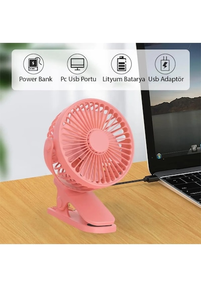 3 Kademe Şarjlı Mandallı 360 Taşınabilir Fan Vantilatör Jh-006 Pembe