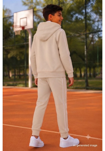Pina Kids Erkek Çocuk Scuba Unlimited Çift Şeritli Kapüşonlu Reglan Kol Dalgıç Kumaş Eşofman Takımı Esf7024 Krem