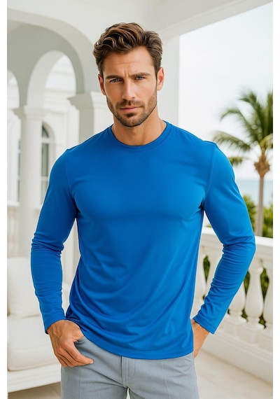 Rich Erkek Uzun Kollu Bisiklet Yaka Tişört - %100 Pamuk Basic Relaxed T-shirt Mavi