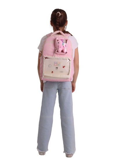 Calacilo Dört Bölmeli Peluşlu K-pop Pink Pembe Peluş Aksesuarlı Pembe Kız Çocuk İlkokul Sırt Çantası - C4107