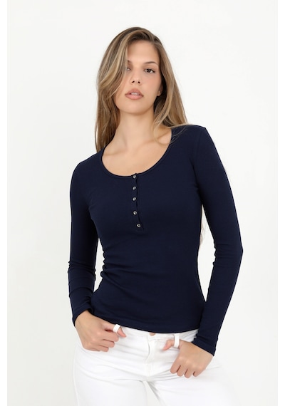 Hdm Kadın Lacivert Uzun Kollu Fitilli Patlı Düğmeli Basic Örme Bluz - H6162