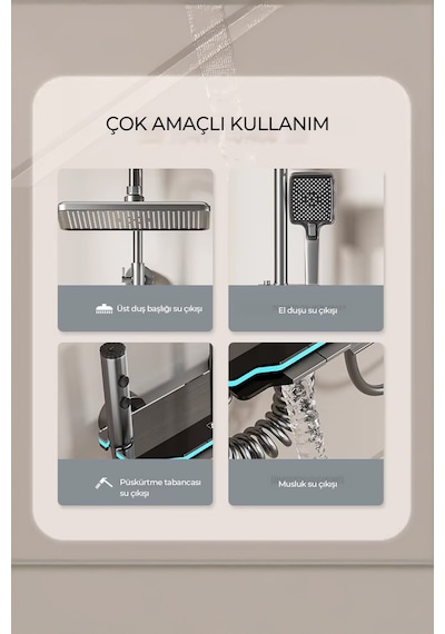 Robo A80015 Yeni Nesil Ambiyans Işıklı Led Göstergeli Dijital Duş Sistemi Gri