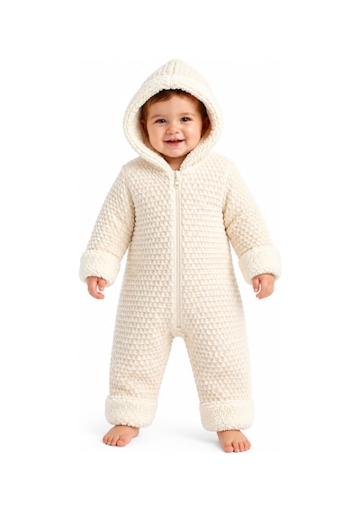 Tatlı Unisex Bebek Örgü Triko Tulum Welsoft Peluş Manşetli Kapüşonlu Fermuarlı Kışlık Bebek Kozmonot Tulumu Ekru