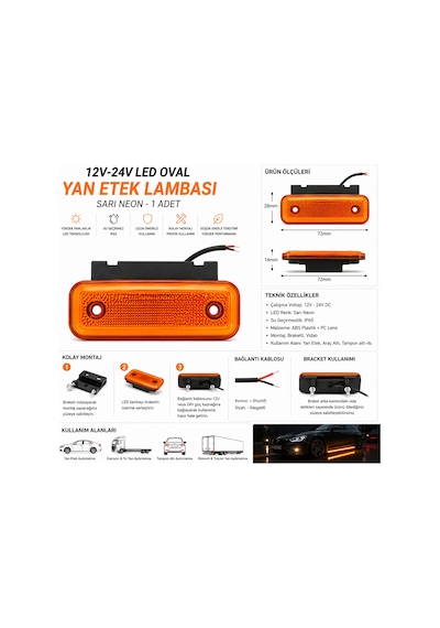 Mega Oto Market Led Braketli Yan Etek Aydınlatma Sarı Neon 12-24v Kamyon Tır Yan Lamba