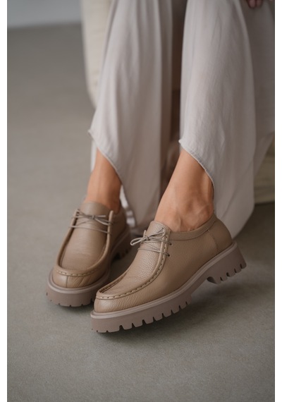 Orsel Hakiki Deri Bağcıklı Kadın Loafer- Vizon