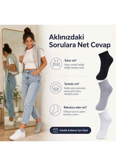 Çorap Giyim Kadın Kısa Konç Çorap 6 Lı Paket, %80 Pamuklu, Dikişsiz Burun, Nefes Alan Yumuşak Bilek Çorabı, Siyah Gri Beyaz Çok Renkli