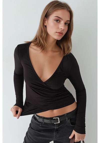 Hiccup Yumuşak Dokulu Slim Fit V Yaka Uzun Kollu Üst Siyah