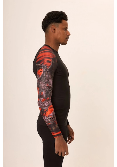 Hnc Sport Kartal Erkek Uzun Kol Tek Kol Dijital Baskılı Compression Fitness Gym Spor Body Tshirt Siyah