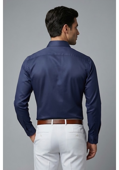Torivalli Collection Dar Kesim Slimfit Saten Kolay Ütülenebilen Mevsimlik Cepsiz Uzun Kollu Kol Düğmesi Takılabilen Erkek Gömlek Lacivert
