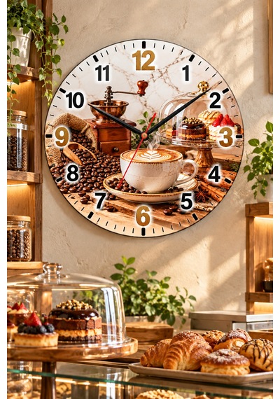 Kahve Cafe Temalı Duvar Saati 45 Cm Kahve Dükkanı Kafe Mutfak Uv Baskı Sessiz Akar Mekanizma 919 Çok Renkli