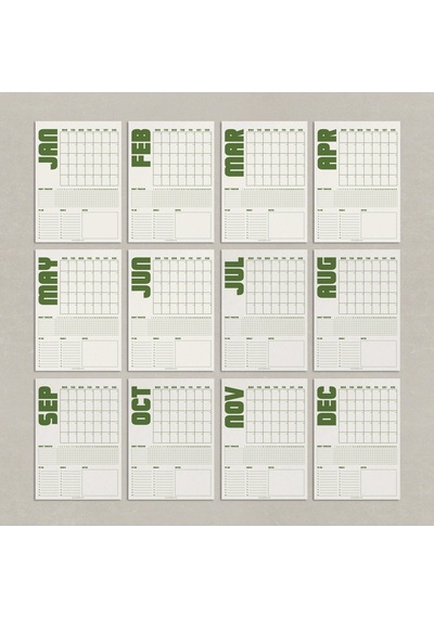 Tarihsiz Aylık Planlayıcı Takvim, Matcha Yeşil Retro Organizer Duvar Planlayıcı