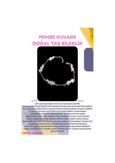 Gümüştel El Sanatları Sertifikalı Pembe Kuvars Doğal Taş El Yapımı Tasarım Bileklik Çok Renkli