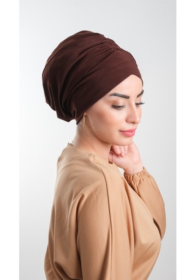 Hürrem Bone Kahverengi Pratik Hazır Geçmeli Tesettür Bone Sandy Kumaş Büzgülü Kahverengi