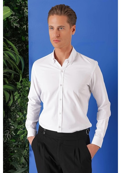 Efor Slim Fit Düğmeli Yaka Pamuklu Klasik Beyaz Gömlek Gk 714 Beyaz