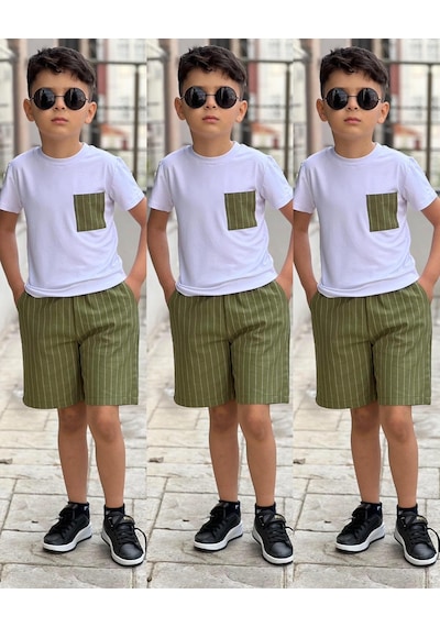 Sy Store Erkek Çocuk Çizgili Şort & Cep Detaylı Basic Tişört Takımı Yazlık Şık Kombin Haki