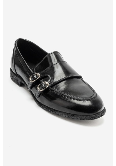 Luvi Shoes Daly Siyah Kırışık Rugan Hakiki Deri Tokalı Kadın Loafer Ayakkabı