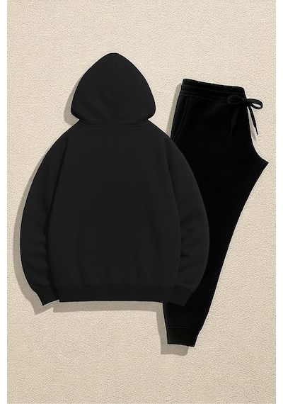 Uyguntarz Unisex Papatya Happy Baskılı Tasarım Oversize Sweatshirt Eşofman Takım Siyah
