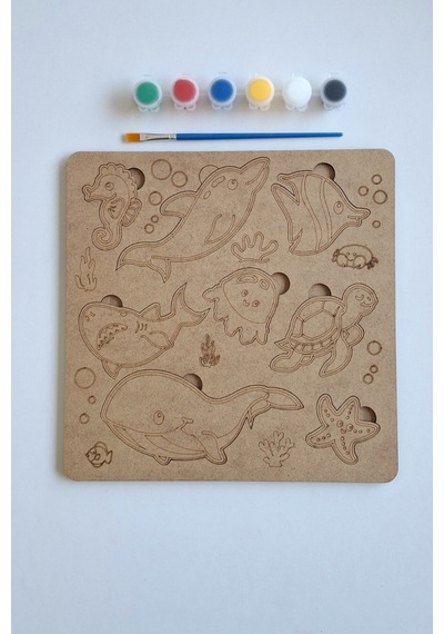 Çocuklar İçin Zeka Ve Beceri Geliştiren Su Canlıları Ahşap Boyama Puzzle Seti