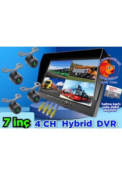 4 Adet Ledsiz Ahd 720p Balık Gözü Lens Kelebek Kamera 7 İnç Qled Hybrid Dvr Monitör 12 Volt 256 Gb