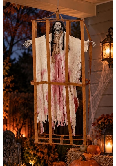 Cadılar Bayramı Askılı Kafesli Korku Figürü Beyaz Sesli Hareketli Işıklı Halloween Dekoru 90 Cm Tüm Yaşlar