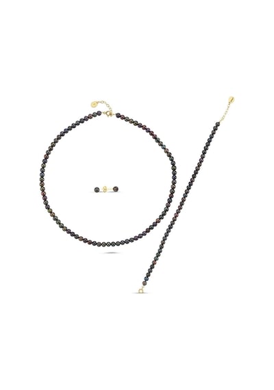 5 Mm Siyah Doğal İnci Sıralı Kolye Bileklik Küpe Üçlü Set 45 Cm / Sarı Gümüş