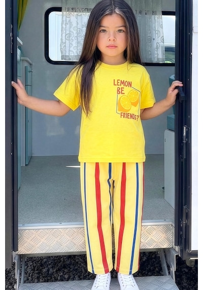 Monila Unisex Çocuk Pamuklu Sarı Limon Baskılı T-shirt Ve Eşofman Alt Üst Takım