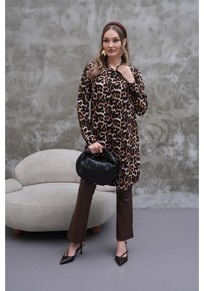 Polologin Butik Leopar Desenli Kahverengi Gömlek Tunik Siyah & Kahverengi