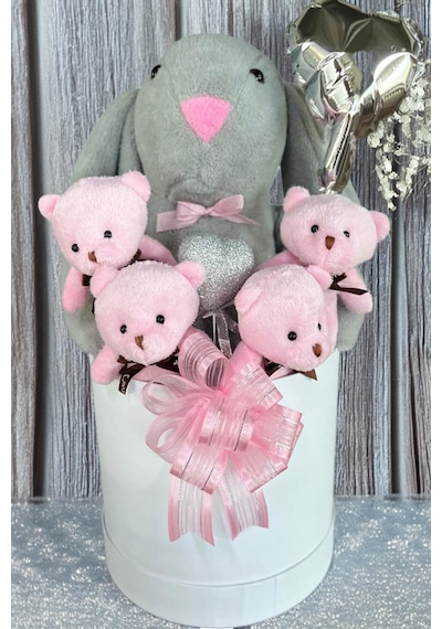 Sole Premium Özel Kutusunda 45 Cm Gri Bunny Tavşan, Simli Kalp 4 Pembe Ayıcık Ve Kalp Balonlu Buket