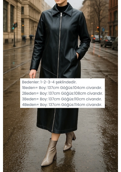 Nuss Tam Boy Kap Uzun Fermuarlı Deri Ceket 6015 Siyah