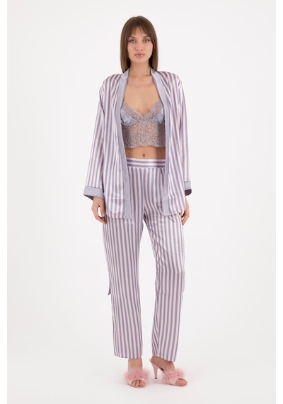 Burcumay Kadın Üçlü Çizgili Sabahlıklı Gri Saten Pijama Takımı Gri