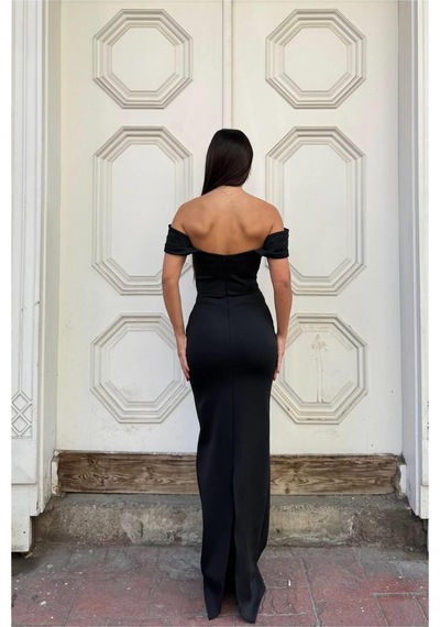 Lior Design Kadın Yeni Sezon Dik Yaka Payetli Maxi Uzun Kollu Abiye Elbise Siyah