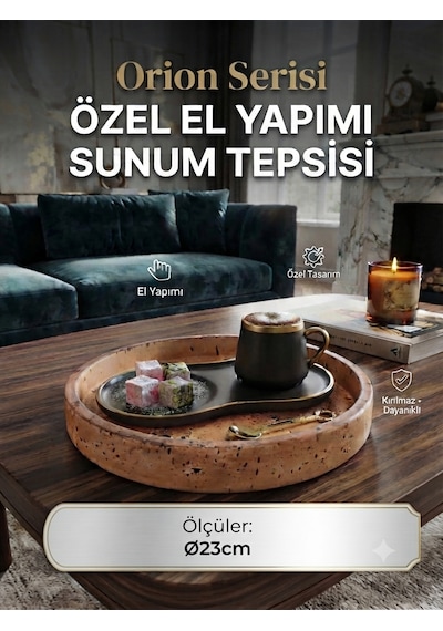 Orion Serisi 23x23 Cm El Yapımı Kırılmaz Dekoratif Yuvarlak Sunum Tepsisi - Türk Kahvesi Ve İkramlık Sunumluk Çok Renkli